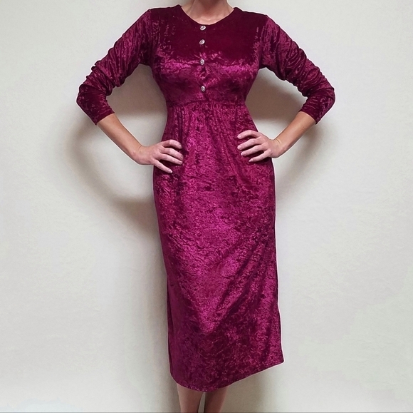 80s Vintage Cervelle Burgundy Crushed Velvet Regencycore Long Sleeve Midi Dress - Picture 2 of 13